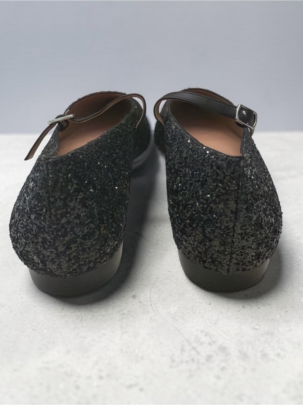 Paolo Black Glitter and Leather Pointed Toe Mary Jane Flats - Picture 5 of 7